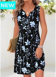 Black Floral Print Short Tummy Coverage Sleeveless Dress