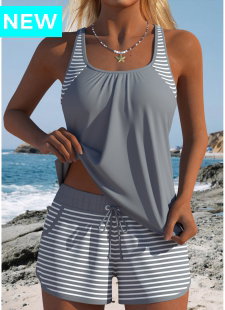 Grey Mid Waisted Two-piece Striped Tankini Set