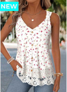 Beige Ditsy Floral Print Patchwork Sleeveless Tank Top