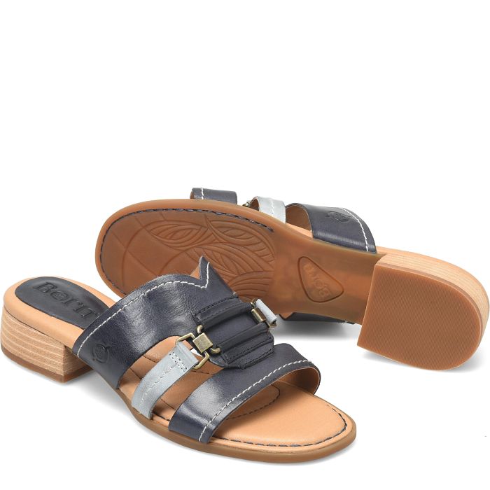 Marianna low heeled slide sandal in blue.