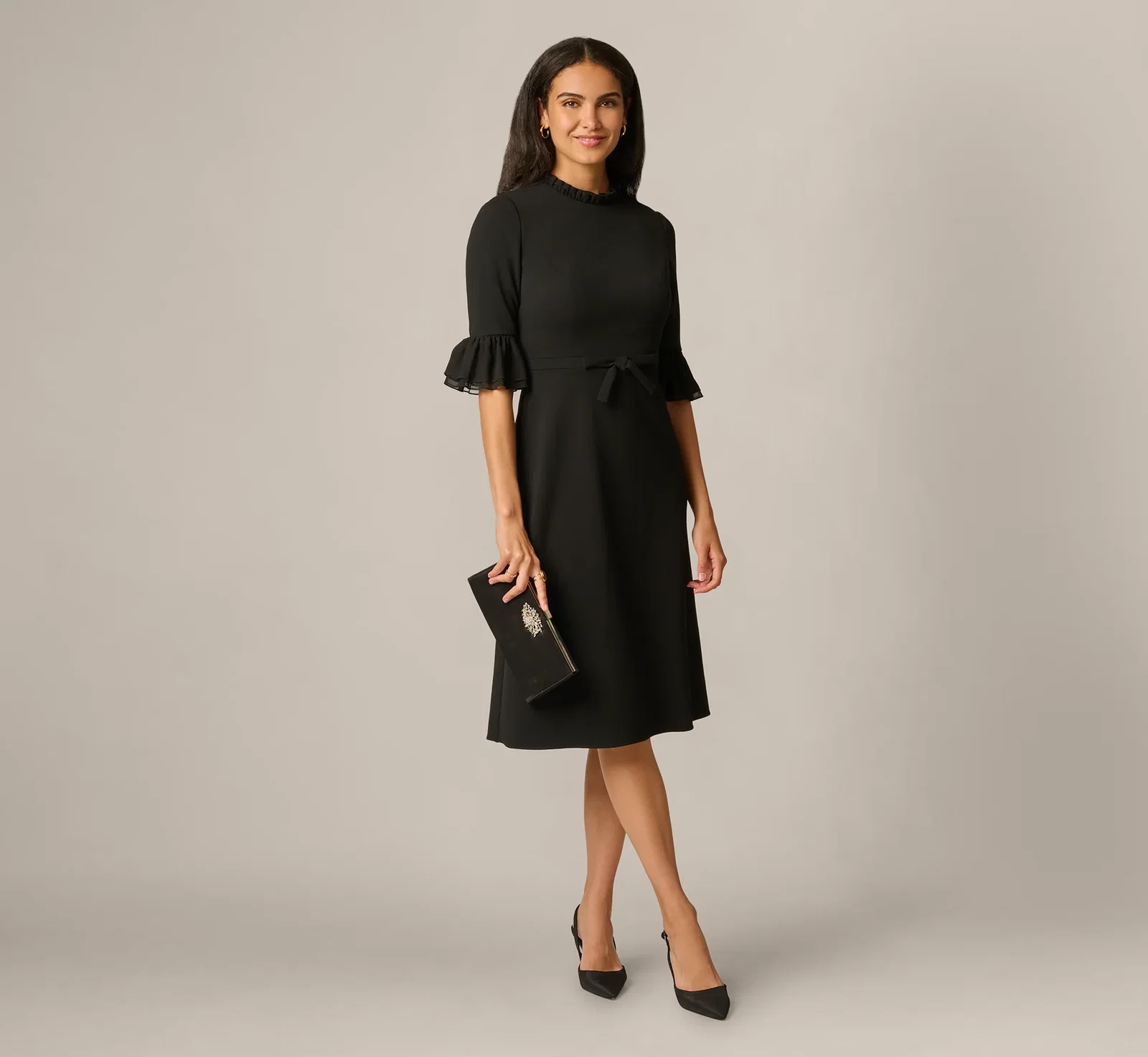 Image of Bell Sleeve Bow Front Ruffle Midi Dress In Black