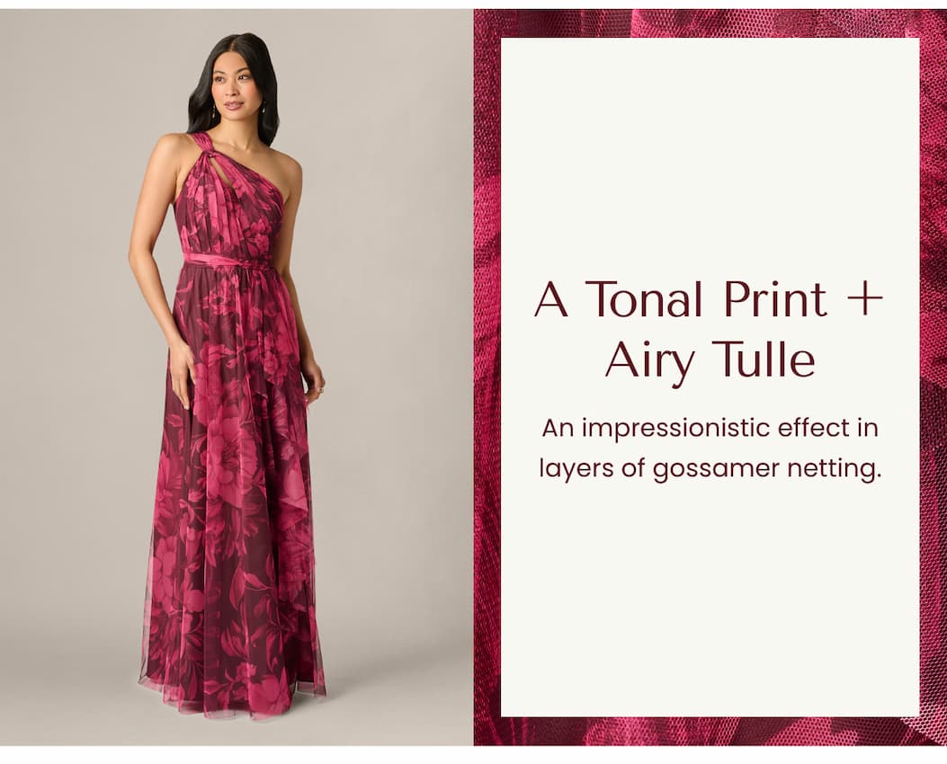 One Shoulder Twist Floral Tulle Gown In Burgundy Multi