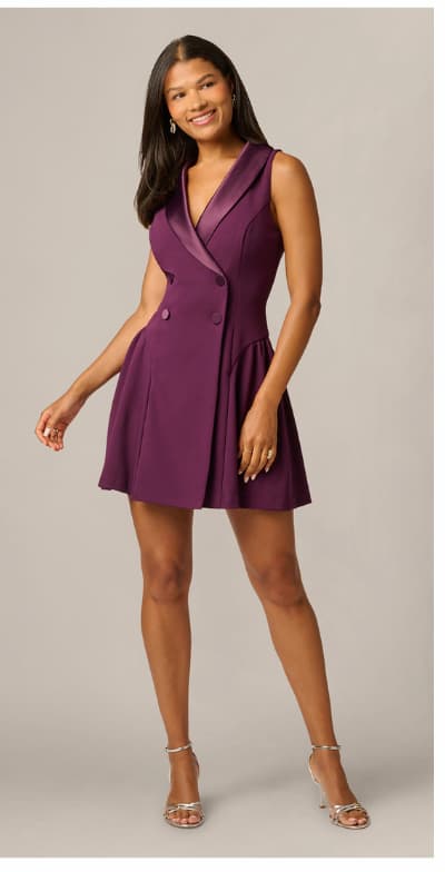 Satin Lapel Stretch Tuxedo Mini Dress In Pinot Noir