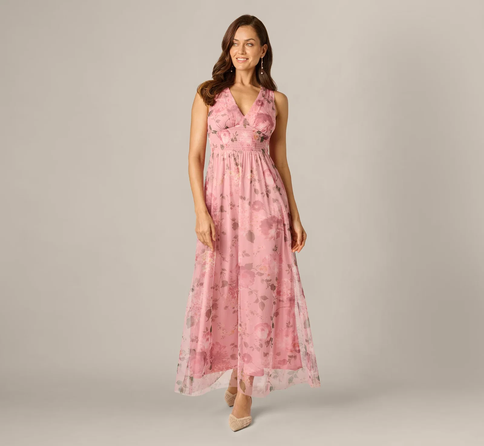 Image of Floral Print Mesh Smocked Maxi Dress In Blush Multi