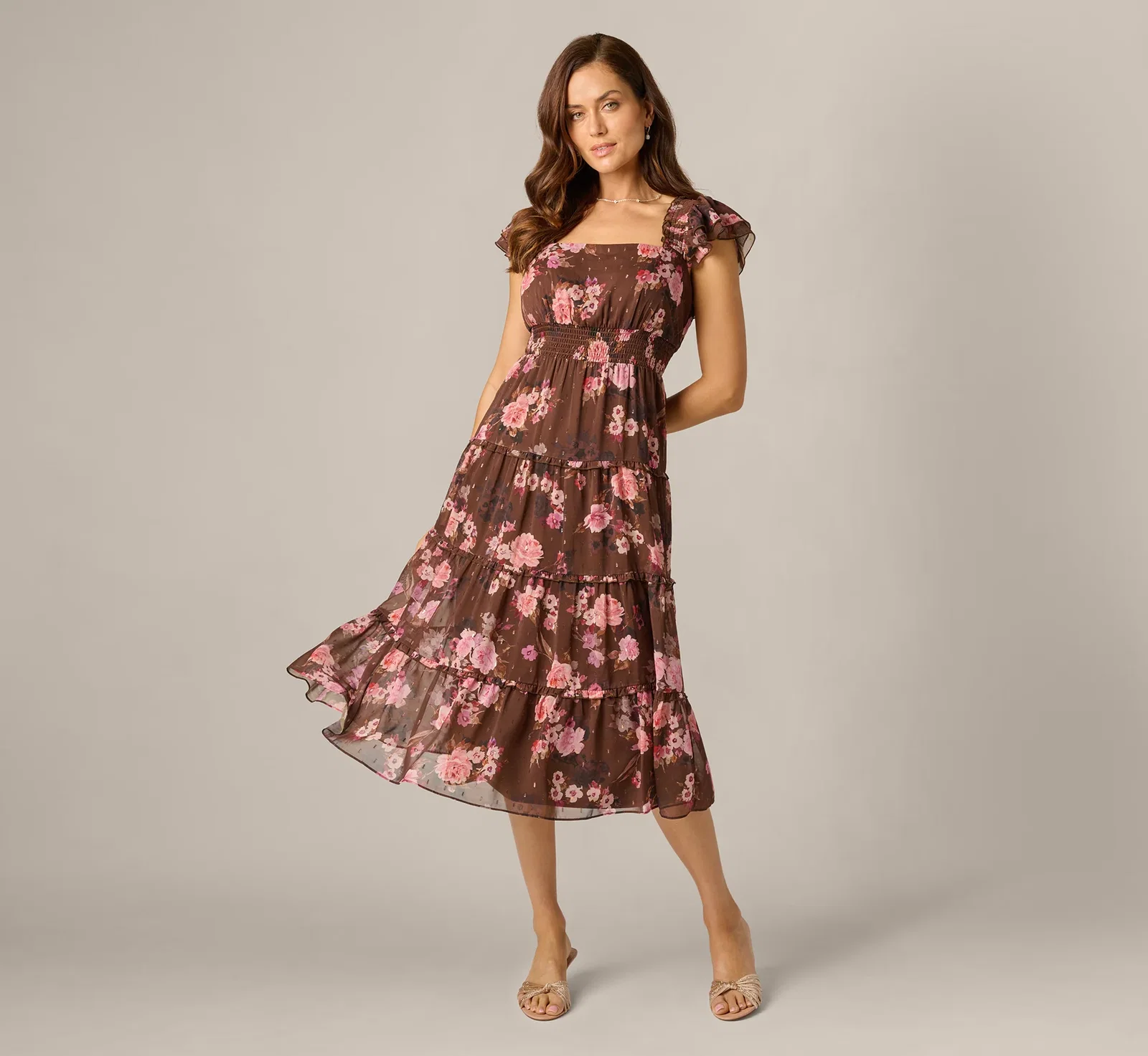 Image of Flutter Sleeve Floral Metallic Chiffon Midi Dress In Brown Multi