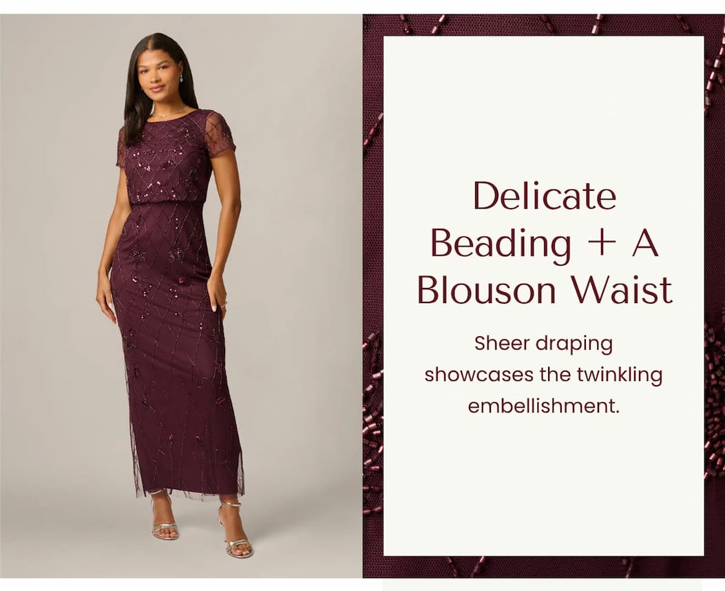 Short Sleeve Lattice Floral Beaded Blouson Gown In Night Plum