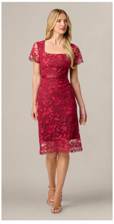 Short Sleeve Rose Floral Embroidered Sheath Dress In Burgundy Pink