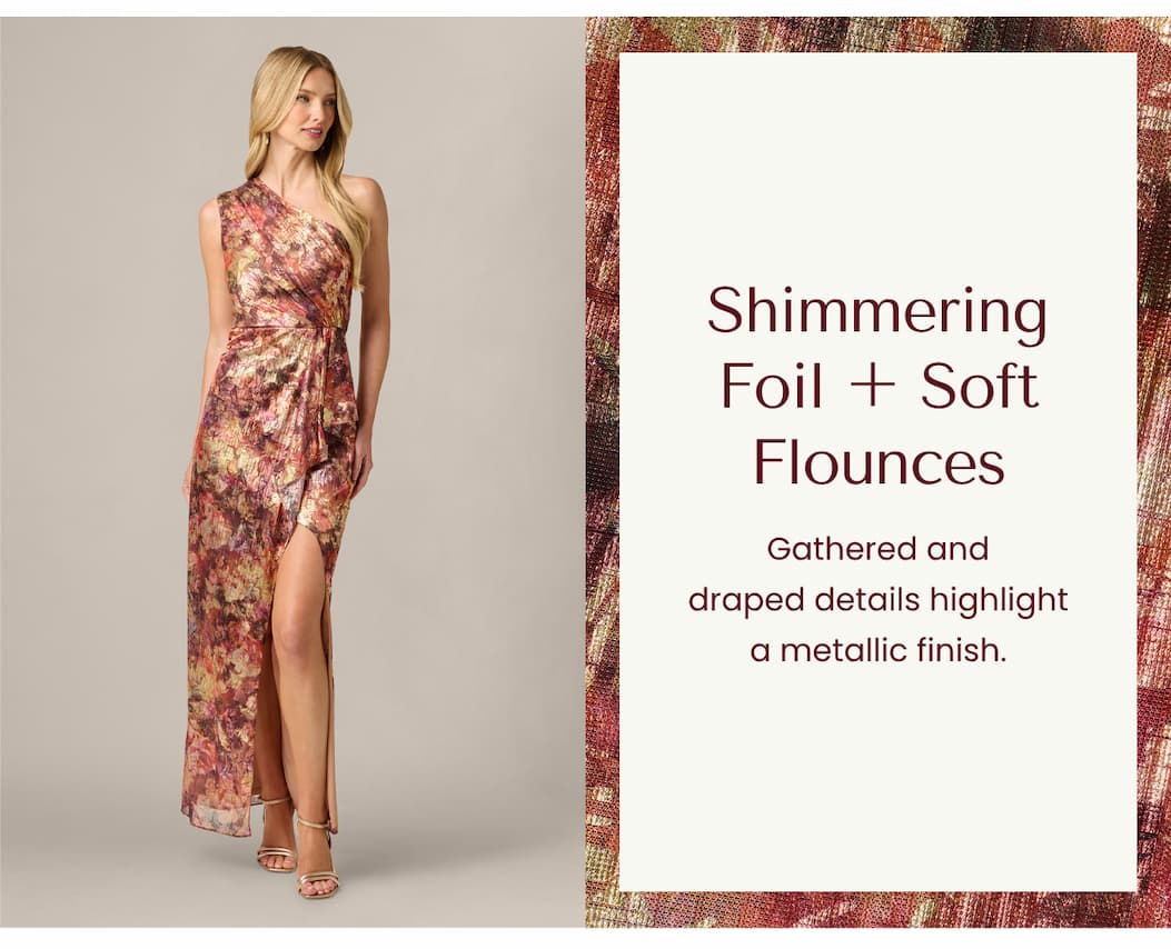 One Shoulder Metallic Floral Crinkle Chiffon Gown In Gold Multi