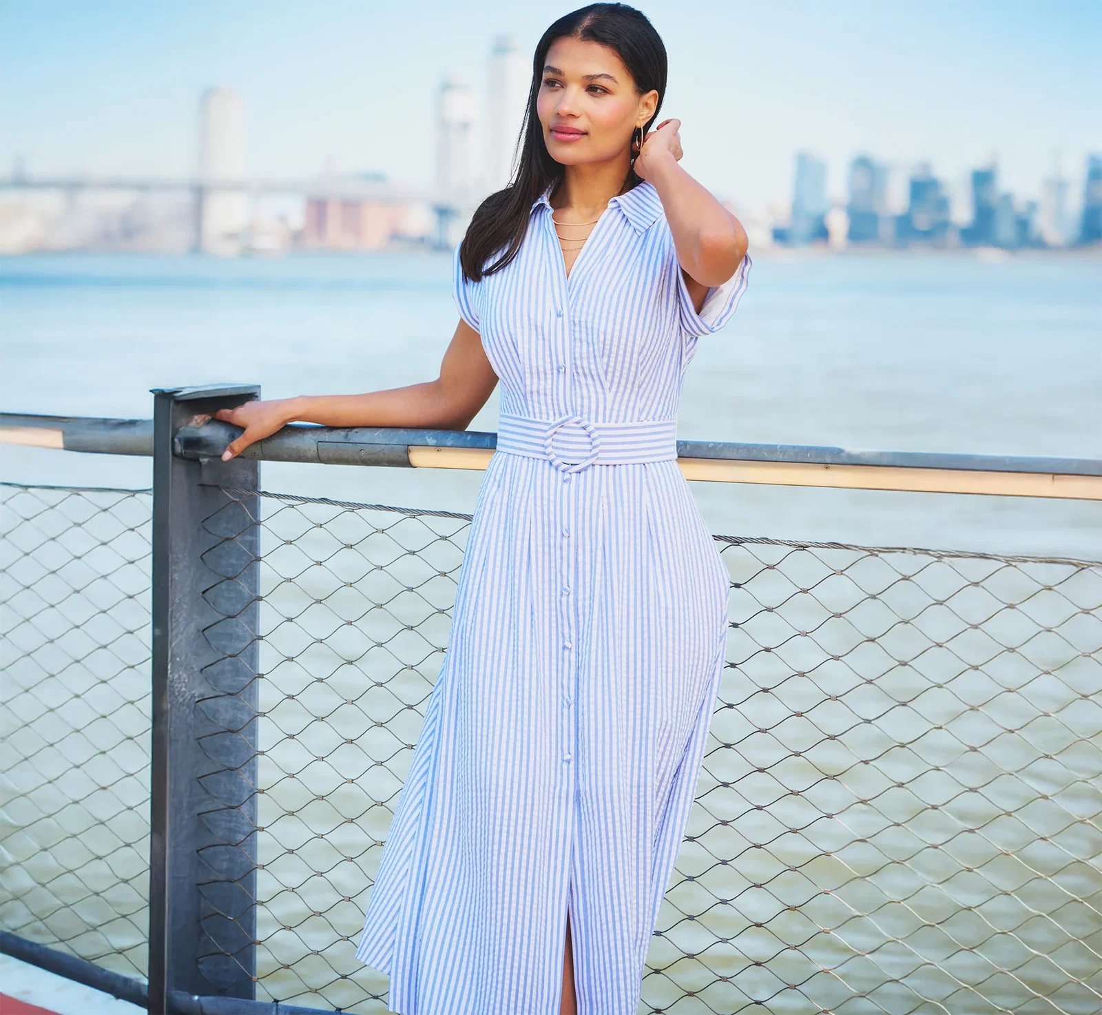 Image of Cap Sleeve Belted Emma Midi Dress In Blue Ivory
