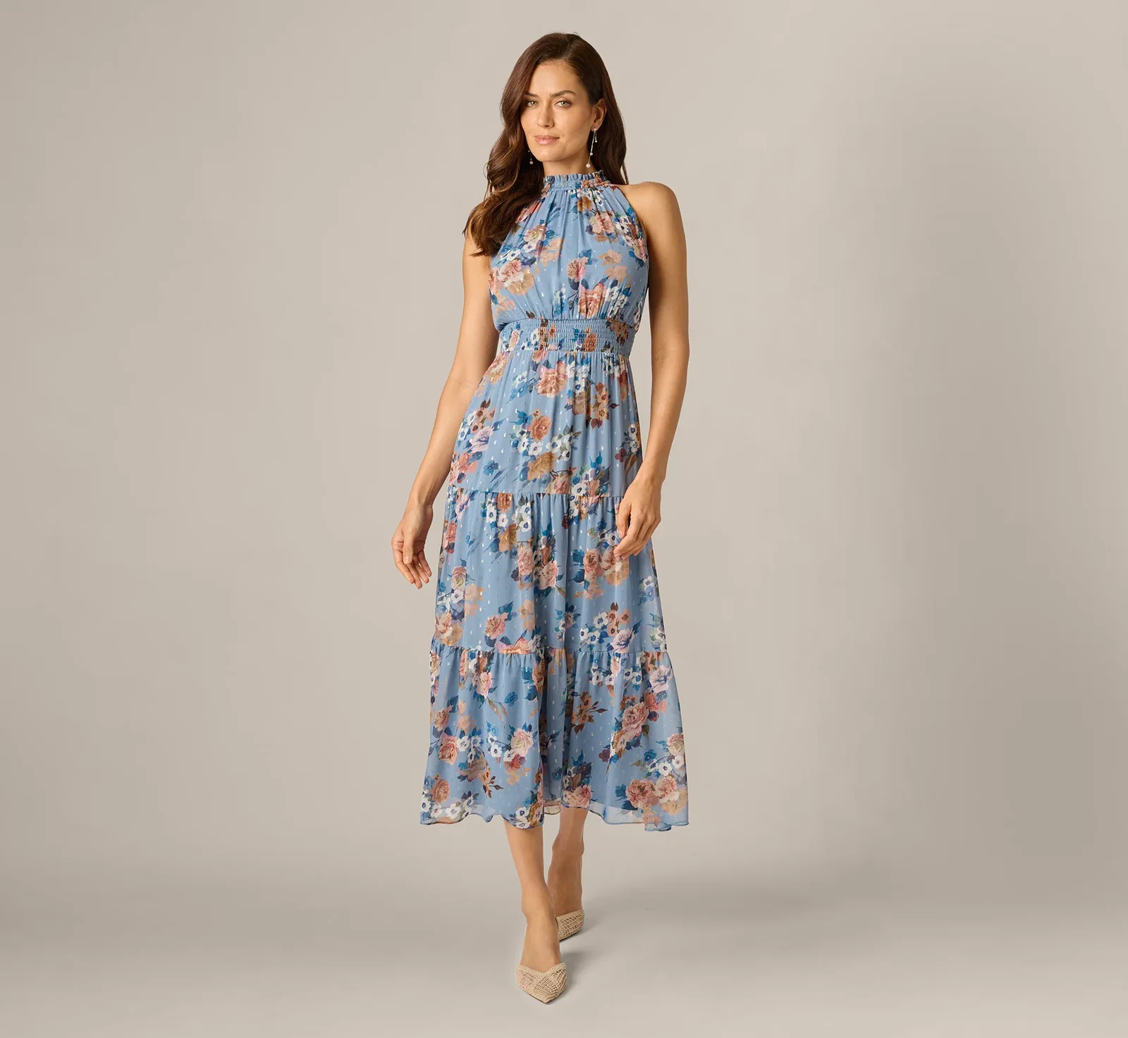 Image of Floral Meta Chiffon Tiered Halter Midi Dress In Blue Multi