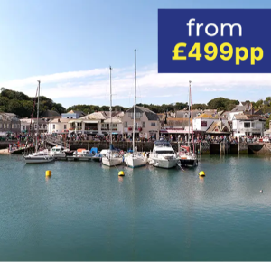 A sunny harbour scene with boats docked and crowds near waterfront buildings.