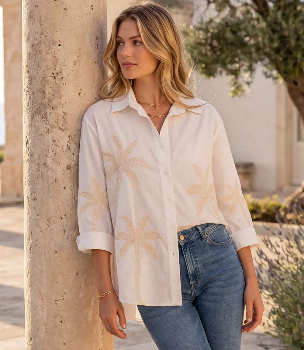 Image of Bell Sleeve Embroidered Palm Tree Shirt