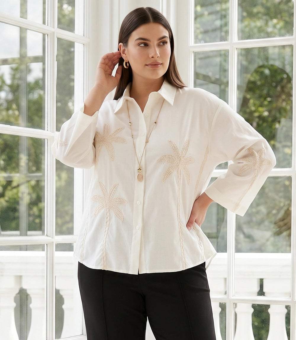 Image of Plus Size Bell Sleeve Embroidered Palm Tree Shirt