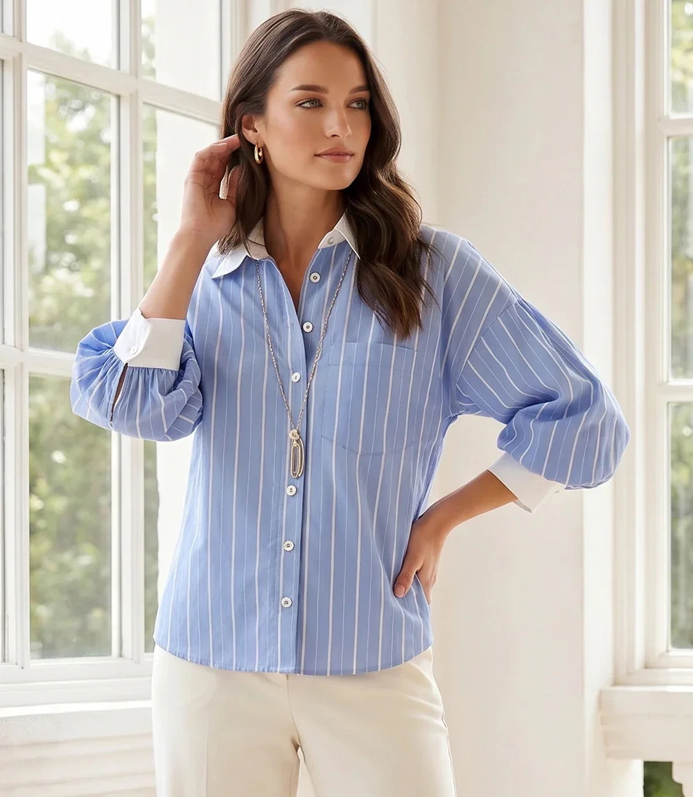 Image of Petite Size Stripe Lantern Sleeve Button-Up Shirt