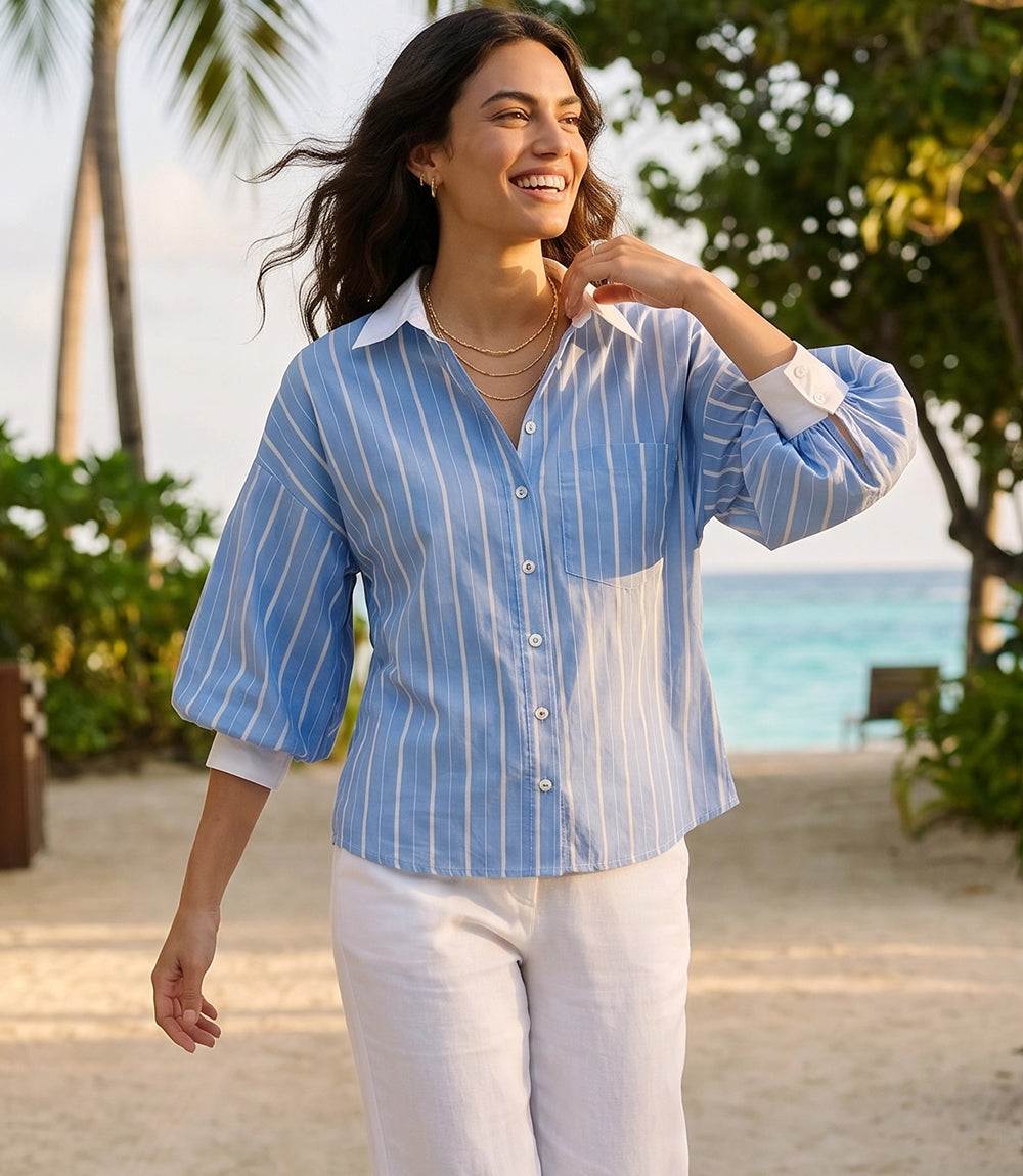 Image of Stripe Lantern Sleeve Button-Up Shirt