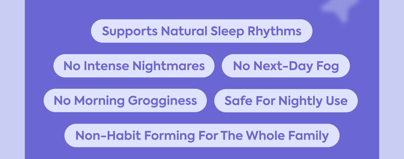 No intense nightmares, morning grogginess, or next-day fog  Supports natural sleep rhythms instead of interrupting them Safe for nightly use, non-habit forming for the whole family