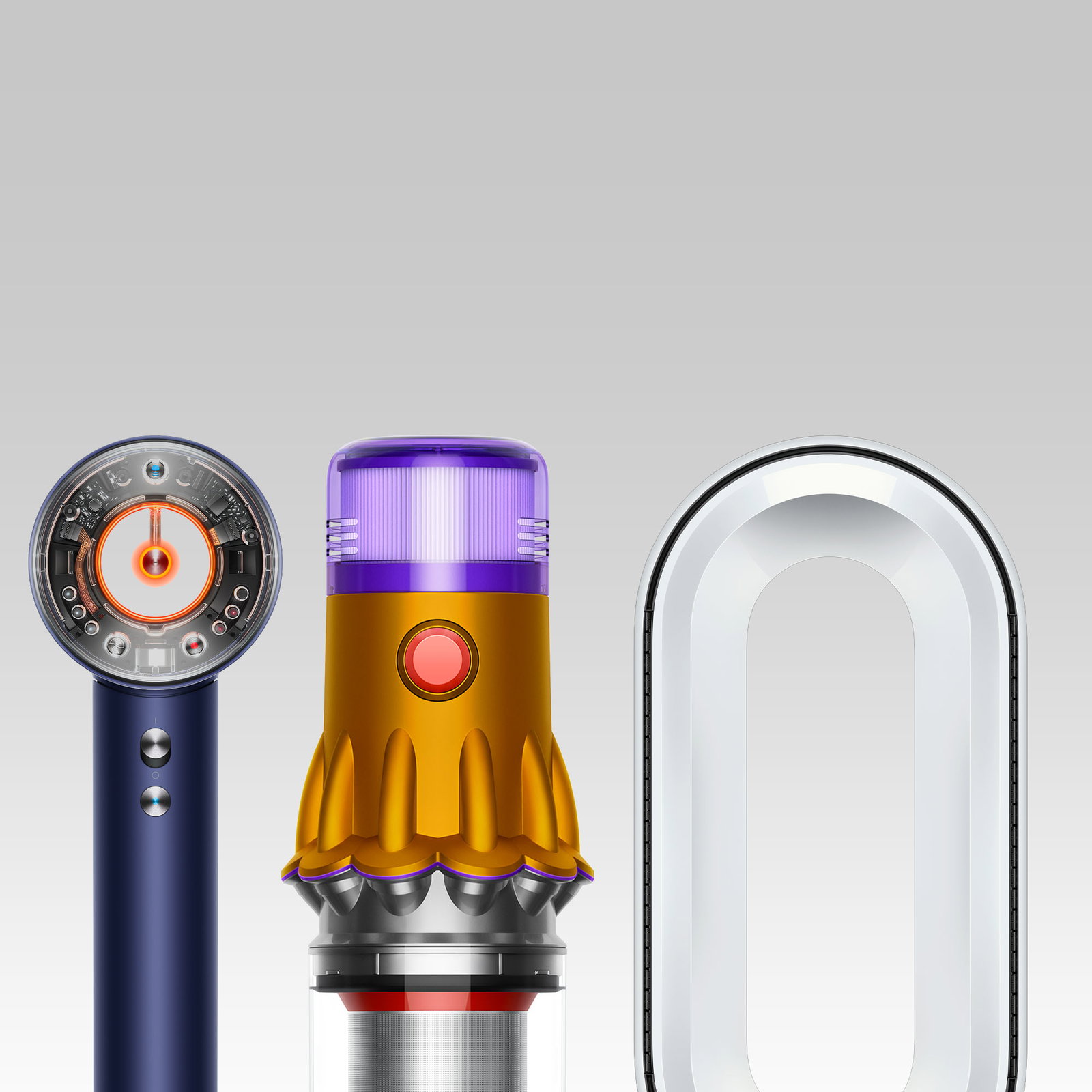 A selection of Dyson machines, including hair dryer, cordless vacuums and fan.