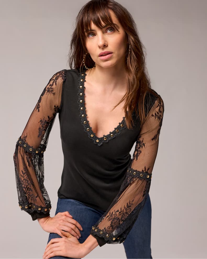 V Neck with Lace and Stud Trim