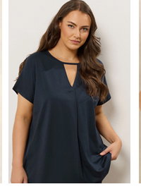 EVANS Curve Navy Blue Keyhole Front Pleat Modal Top