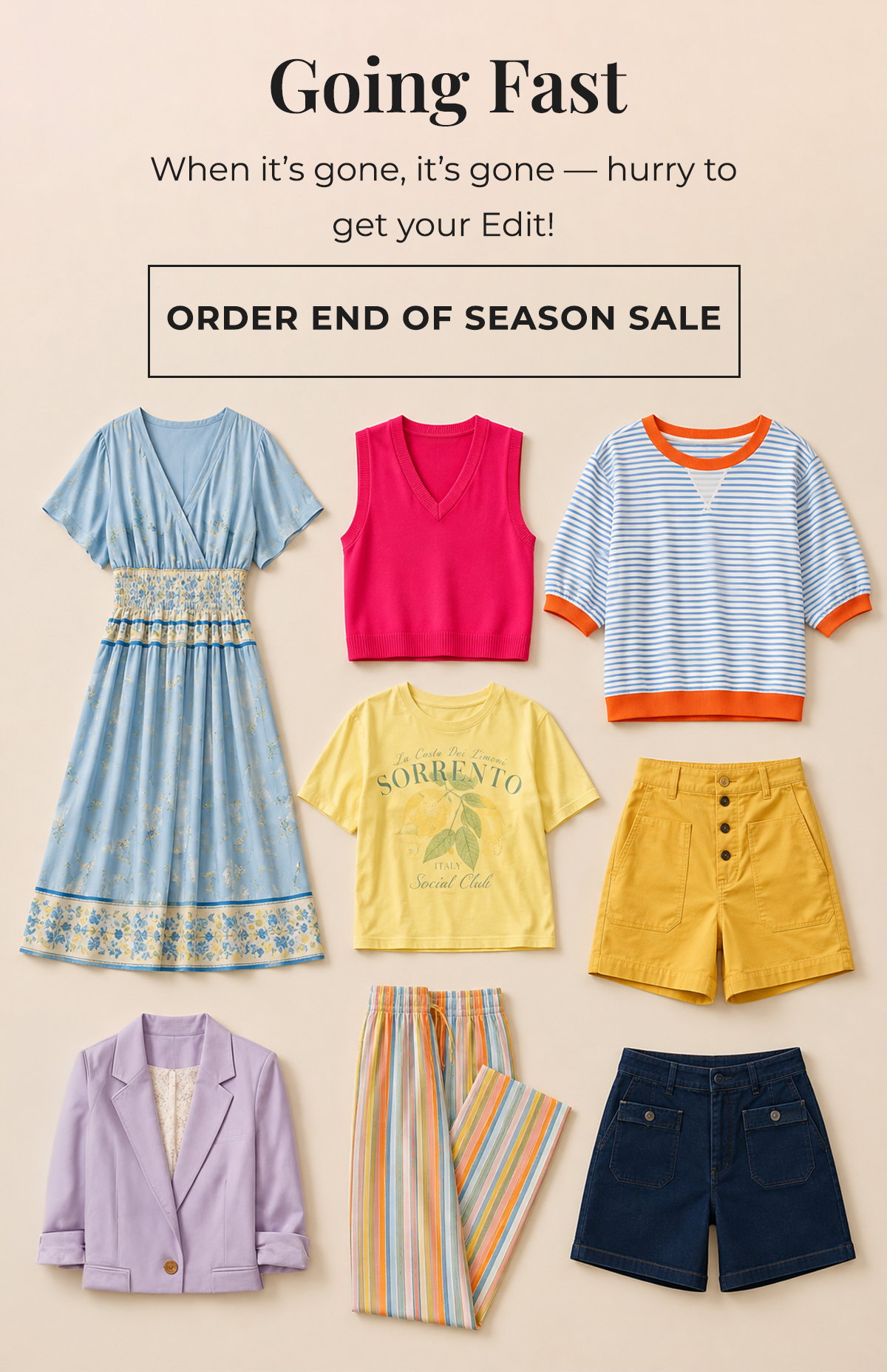 Colorful End of Season clothing includes dresses tops shorts pants and a blazer.