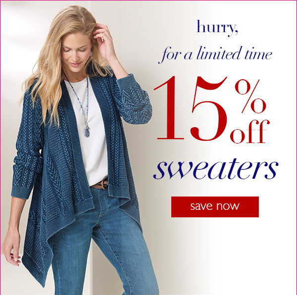 An image promoting 15% off all sweaters at NorthStyle featuring a model wearing a blue shawl and a shop now button