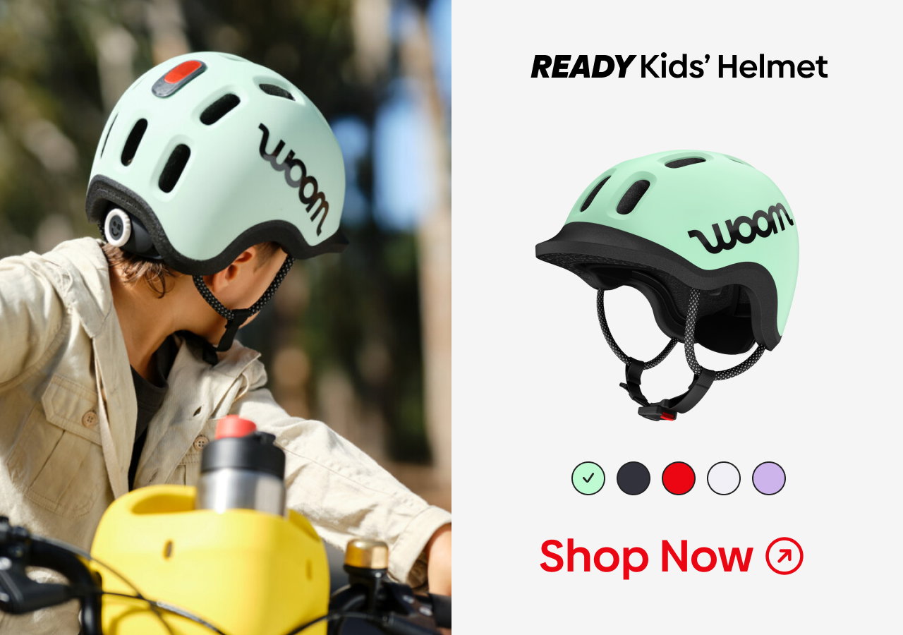 An image of a boy wearing a READY Kids' Helmet next to a product visual of the same mint helmet, with additional colors shown underneath and a "Shop Now" callout.