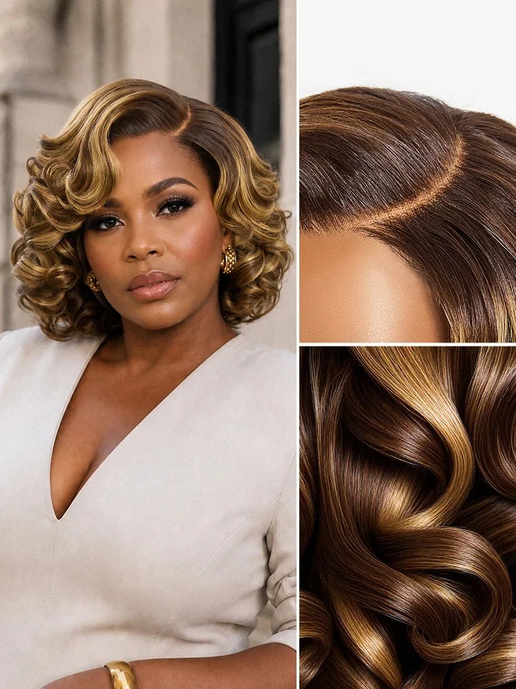 Image of Classic Old Money Honey Blonde Highlight Wavy Glueless Minimalist HD Lace Wig Pre-cut Lace