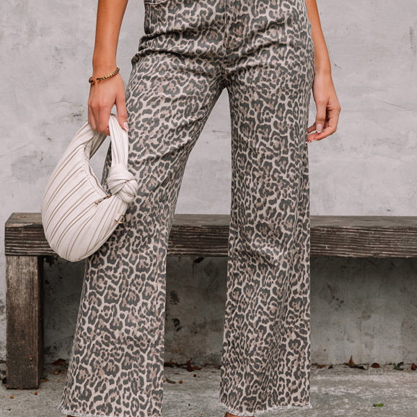 Brianna Leopard Frayed Edge Wide Leg High Waist Jeans