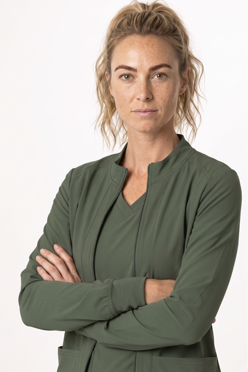 Image of Med Couture Insight Women's 3-Pocket Zip Front Warm Up Scrub Jacket, Olive
