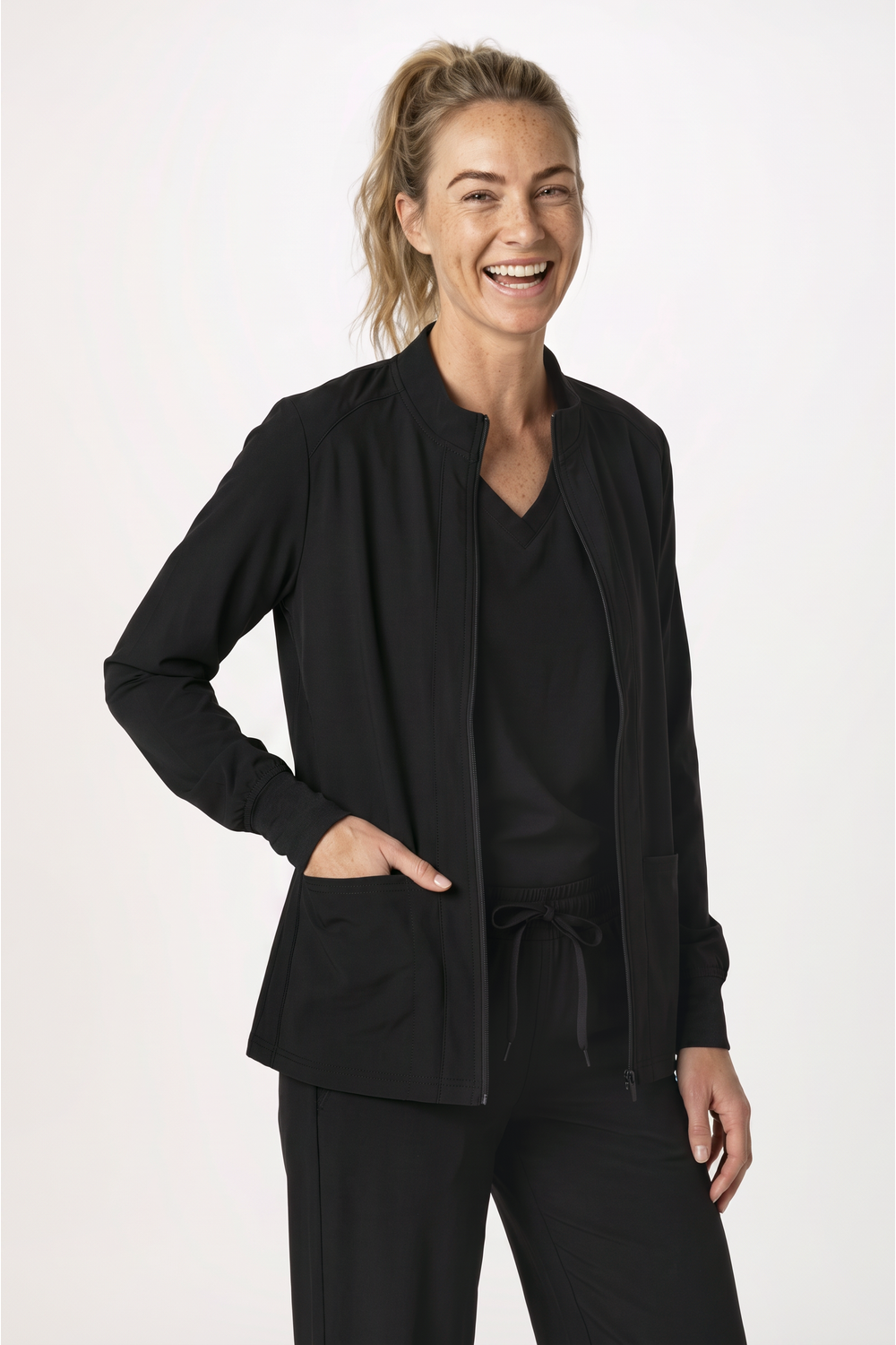 Image of Med Couture Insight Women's 3-Pocket Zip Front Warm Up Scrub Jacket, Black
