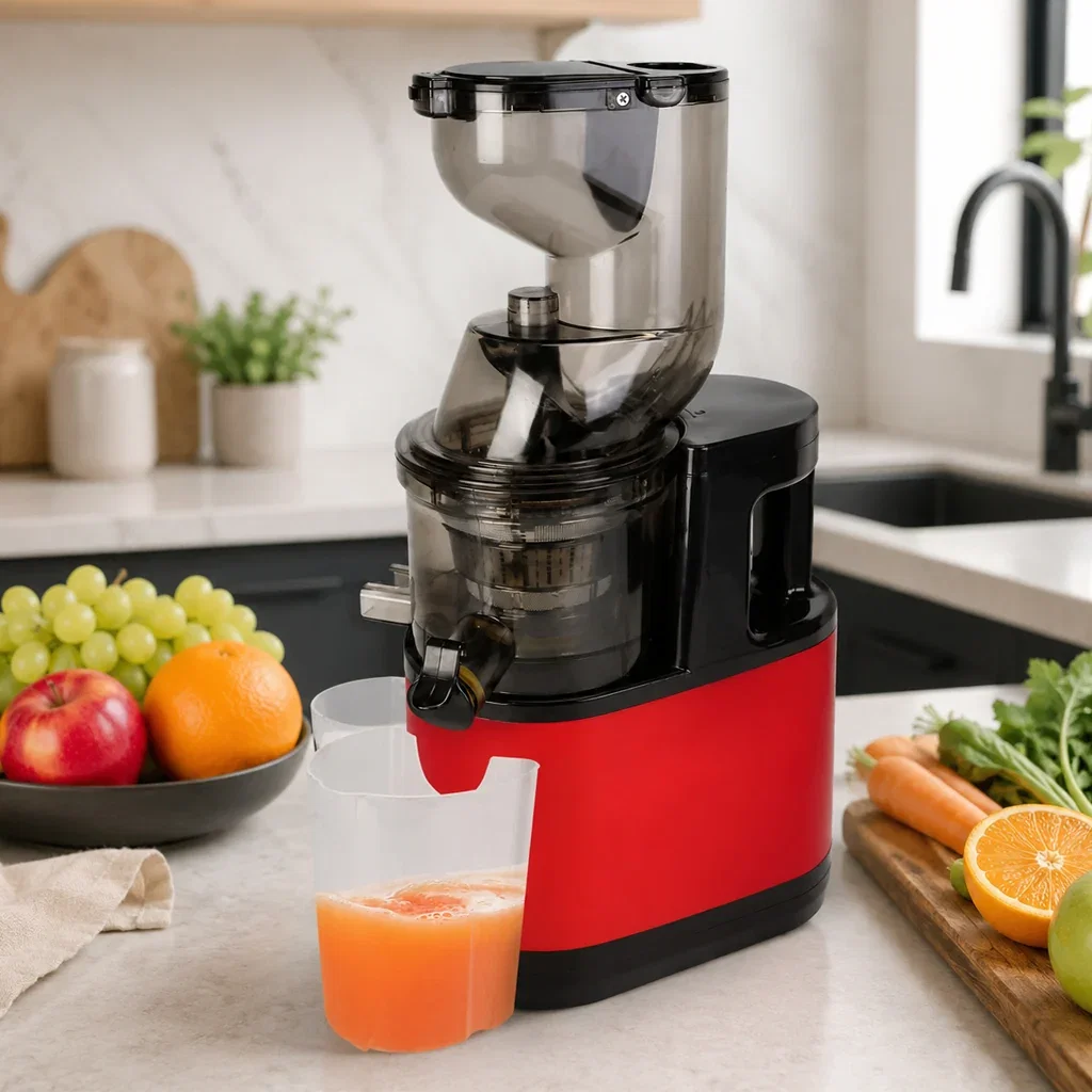 Red and black slow juicer on kitchen counter with fresh orange juice, surrounded by fruits and vegetables