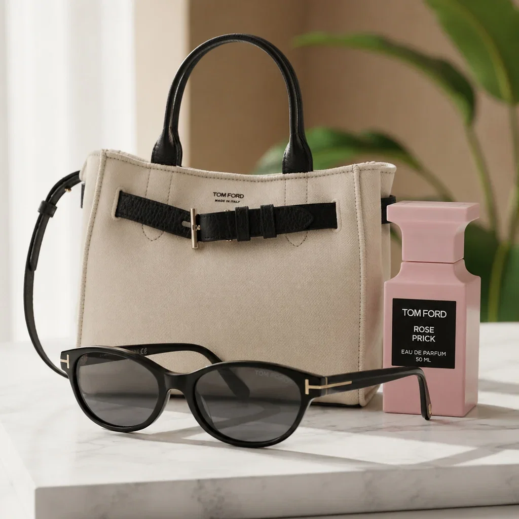 Tom Ford luxury collection featuring a cream canvas tote bag, black sunglasses, and Rose Prick eau de parfum bottle.