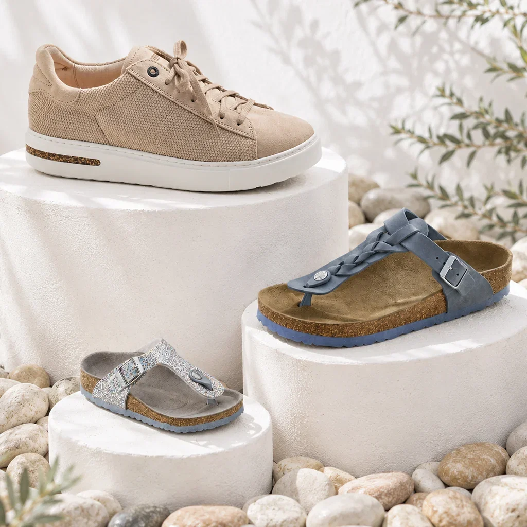 Three Birkenstock shoes displayed on white cylindrical pedestals surrounded by pebbles and greenery.