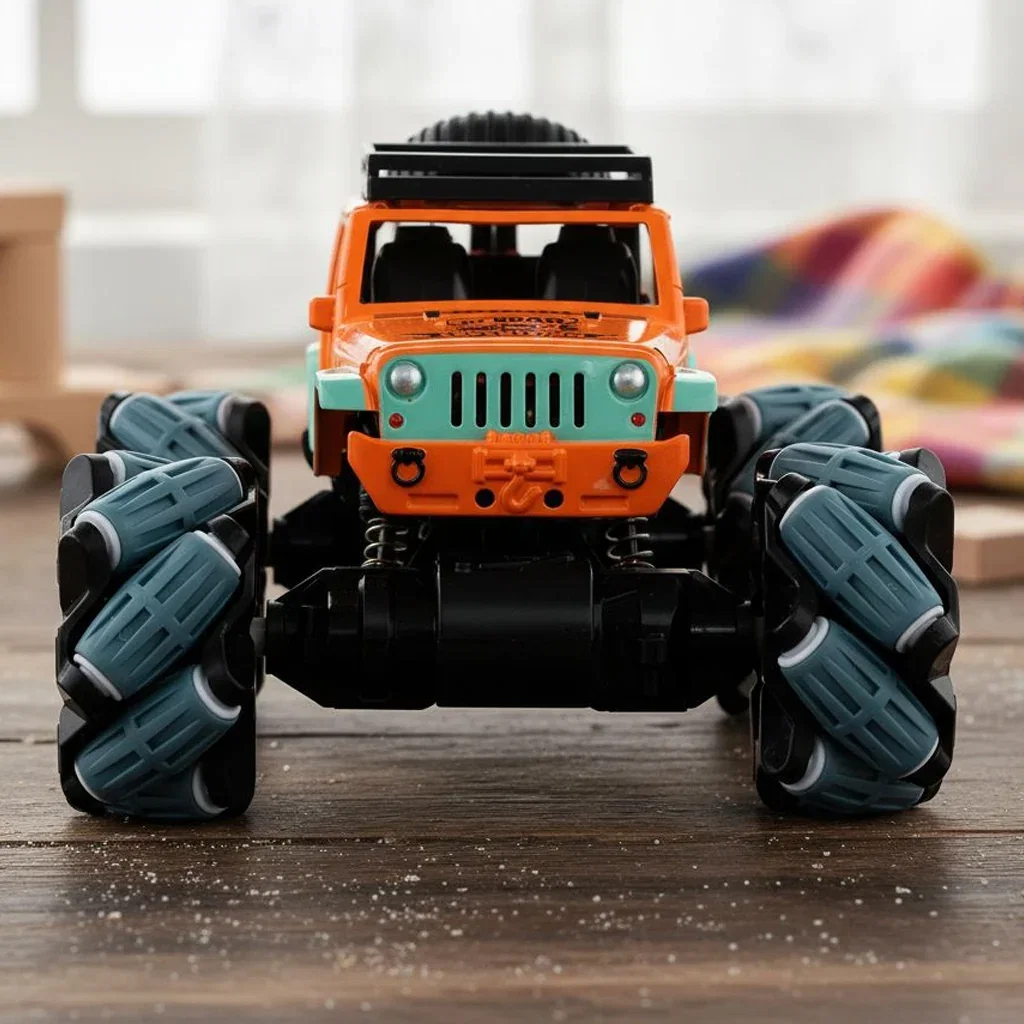 Orange and turquoise toy Jeep with oversized black tread tires and roof rack on wooden surface.