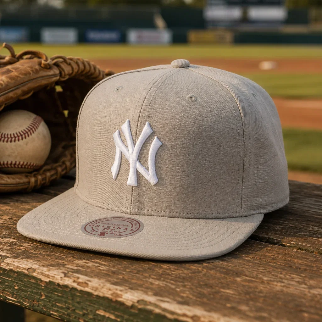 New York Yankees gray snapback cap with white logo, baseball glove and ball on wooden bench at baseball stadium
