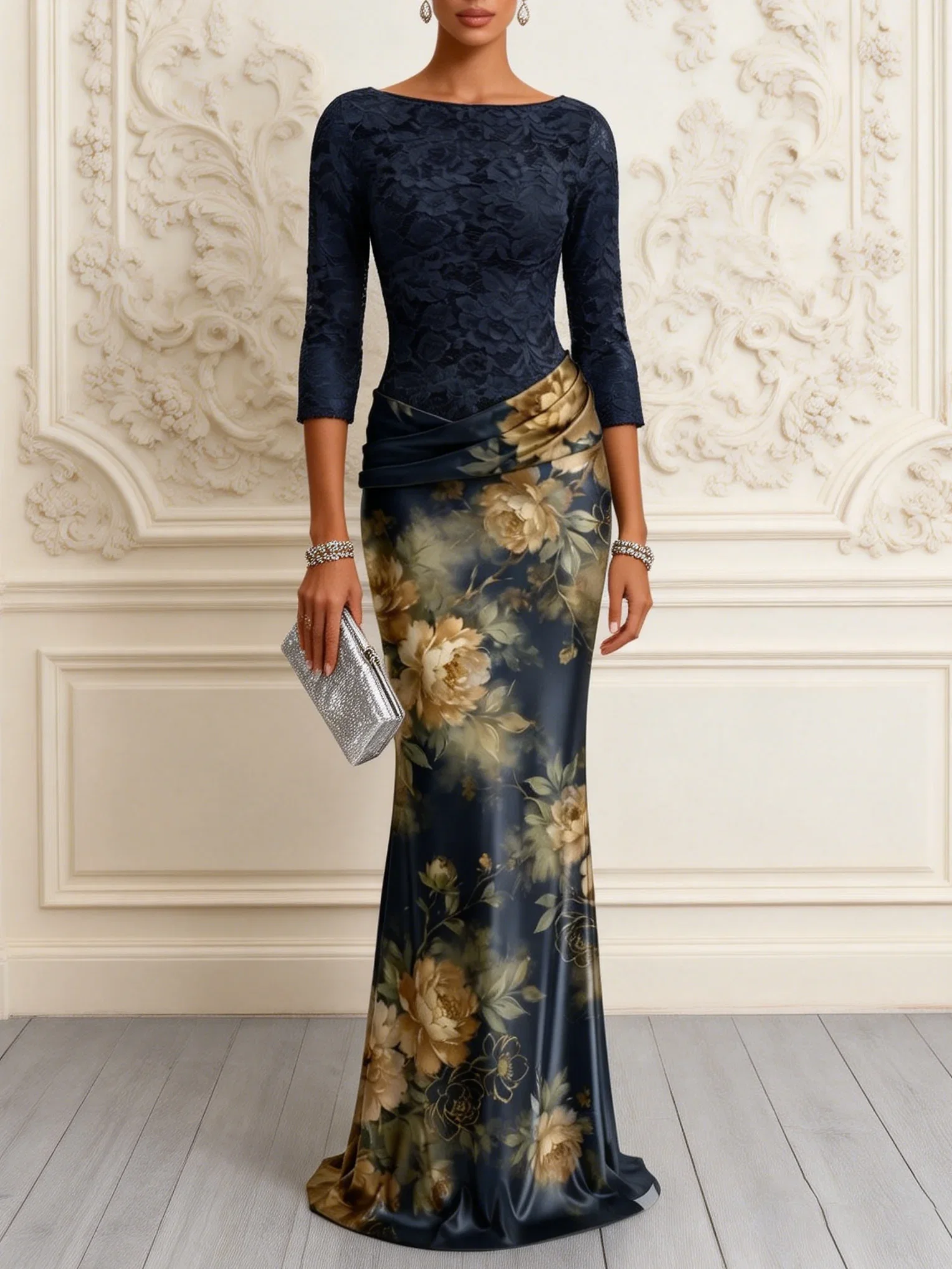 Purplish Blue Floral Satin Boat Neck Half Sleeve Mermaid Gown Dress