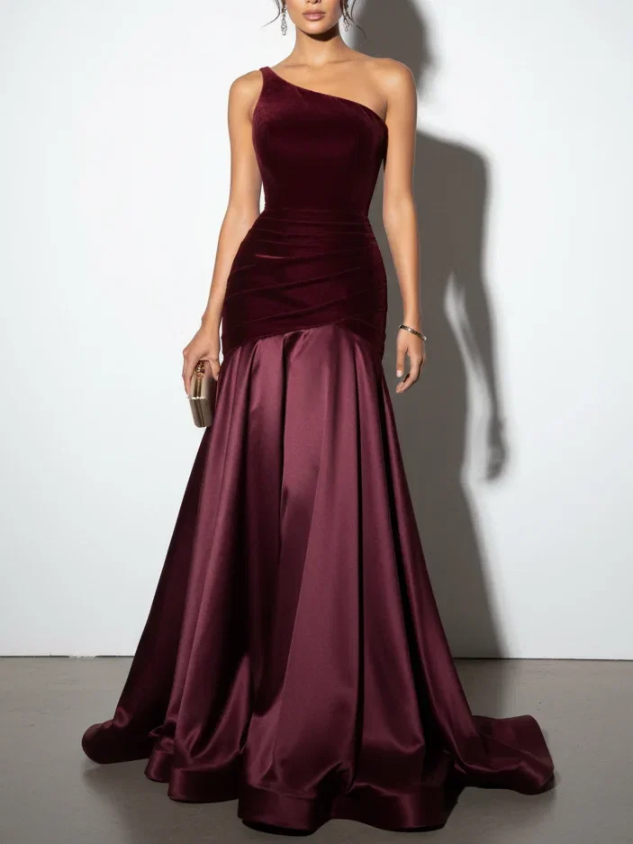 Burgundy Satin Ruched Split Joint Velvet One Shoulder Sleeveless A-Line Gown Dress