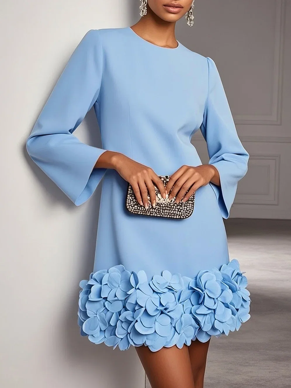 Light Blue 3D Floral Classic Crew Neck Bell Long Sleeve Shift Mini Dress