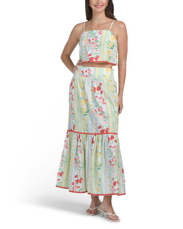 2Pc Lemon Print Striped Maxi Skirt Set, Cotton