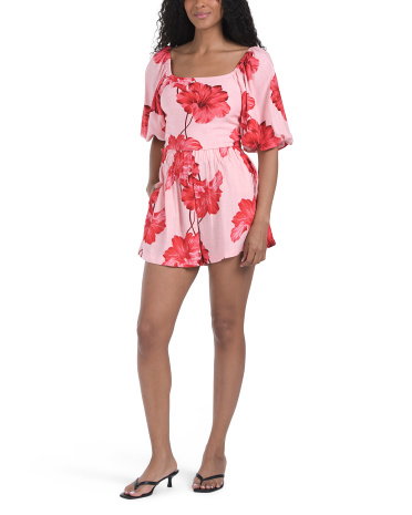2Pc Linen Blend Hibiscus Puff Sleeve Top And Shorts Set, Linen/Rayon