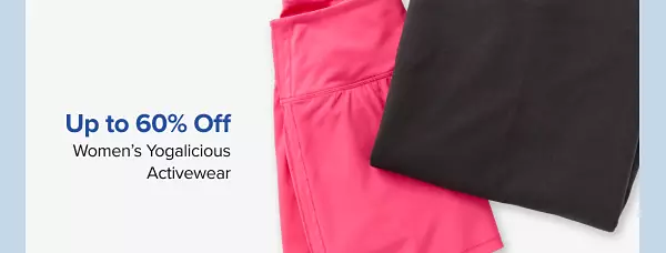 50% off womens Yogalicious activewear. Shop now. A black shirt and pink athletic shorts.