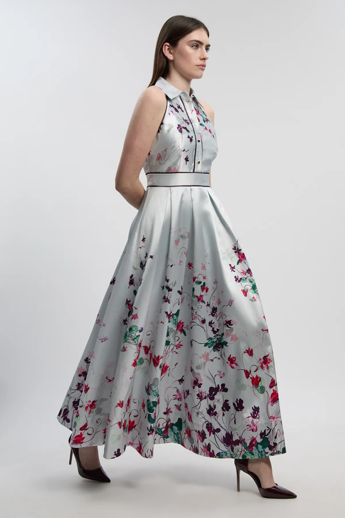 Scattered Floral Twill Collared Woven Maxi Dress