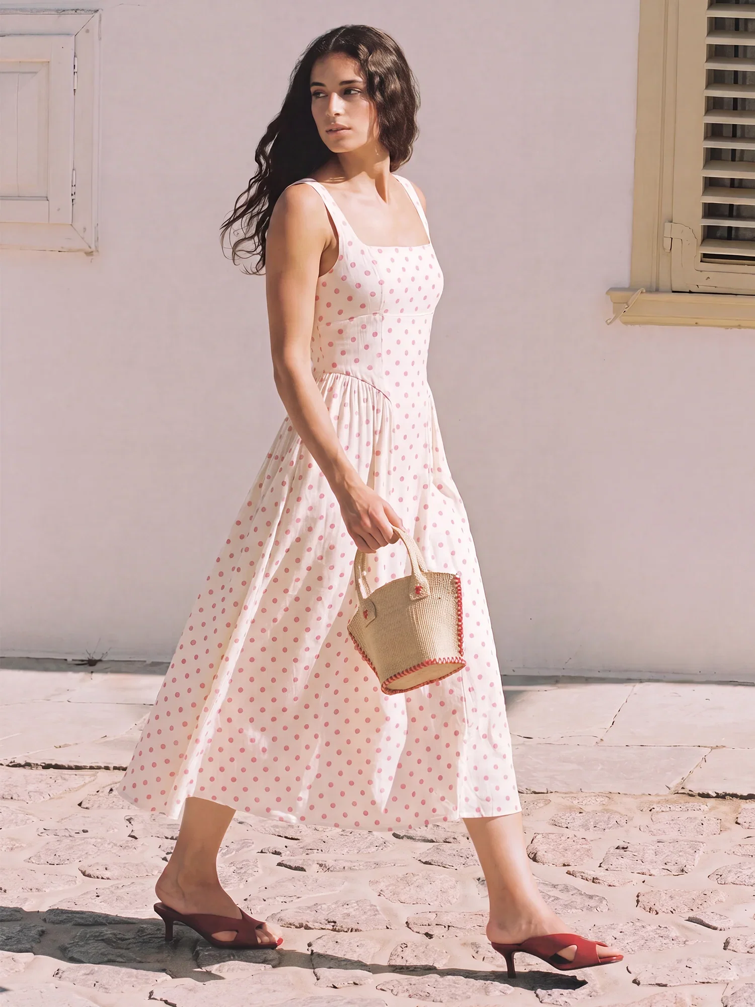 Image of Sleeveless Square Neck Corset Bodice Polka Dot A Line Midi Dress