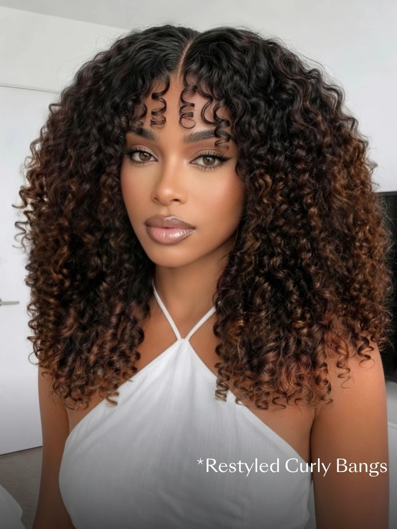 UNice 7x5 Bye Bye Slipβ’ Glueless Lace Black to Chestnut Brown Ombre Burmese Curly With Finger Coil Ends Wig-Vacation Ready With Flexi-Fit Drawstring