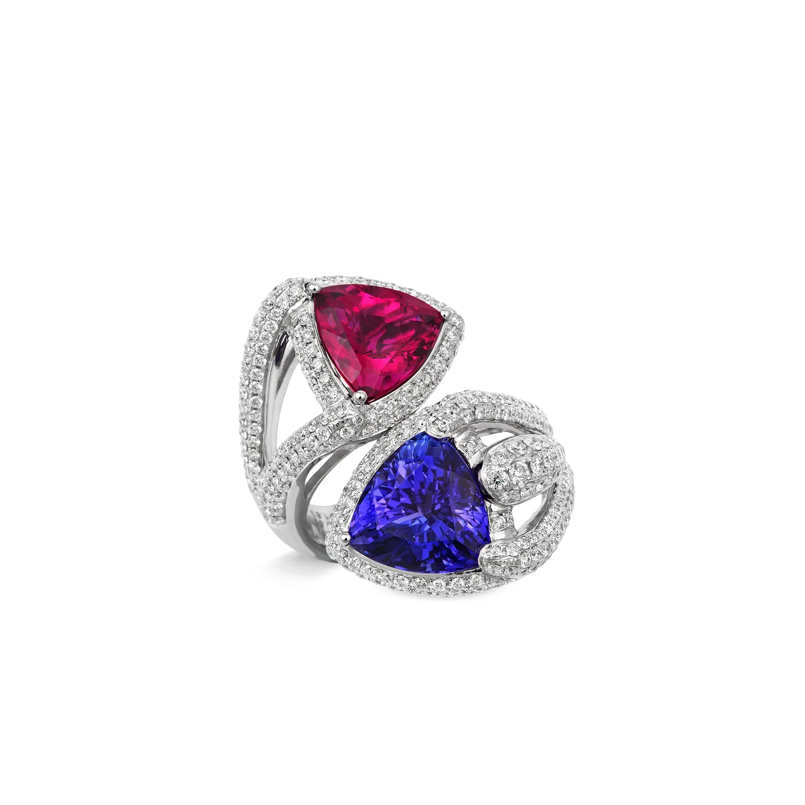 Image of Trillion-Cut Tanzanite and Rubelite Ring in 18ct White Gold with Diamonds