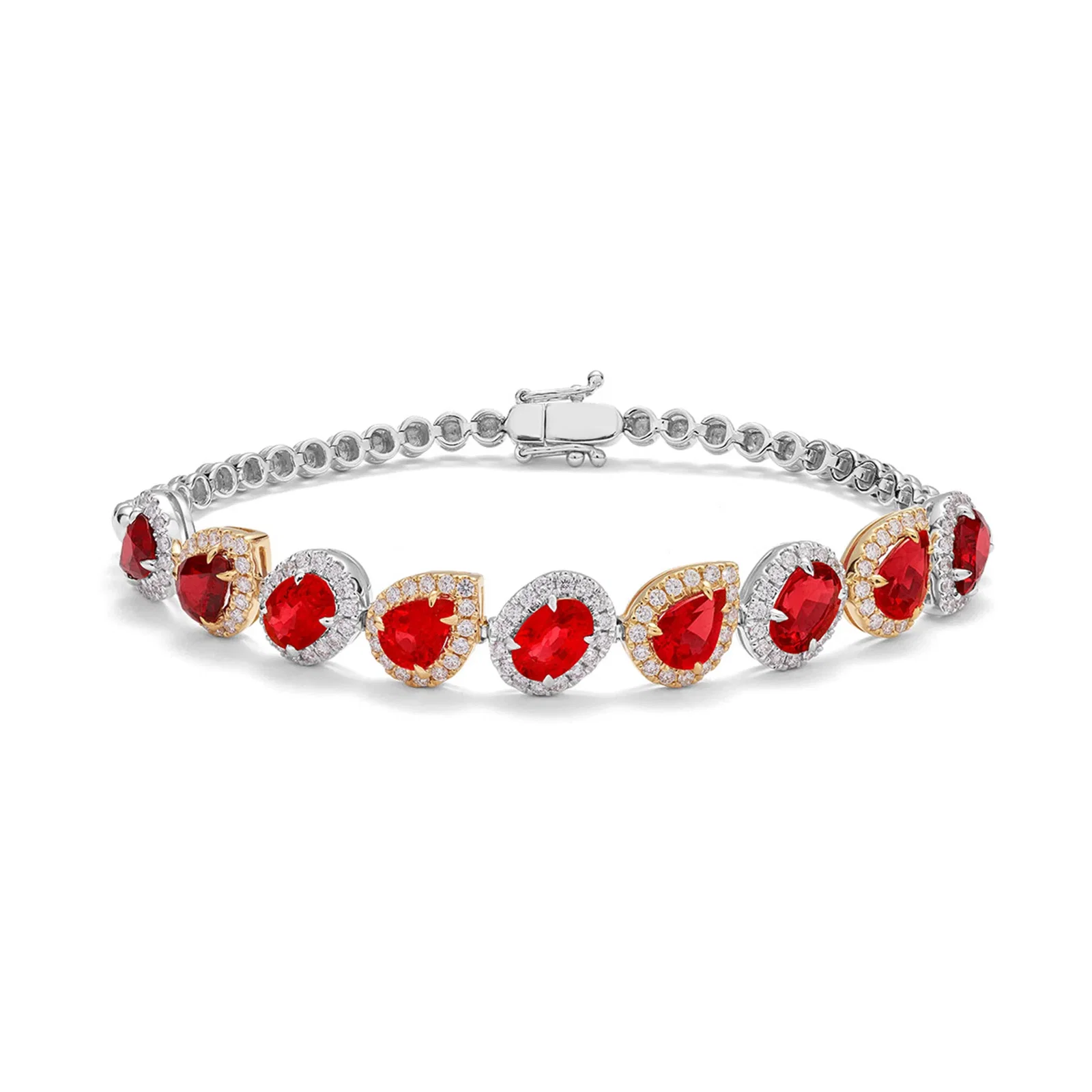 Image of Pear & Oval-Cut Ruby Half Tennis Bracelet in 18ct White and Yellow Gold with Diamonds