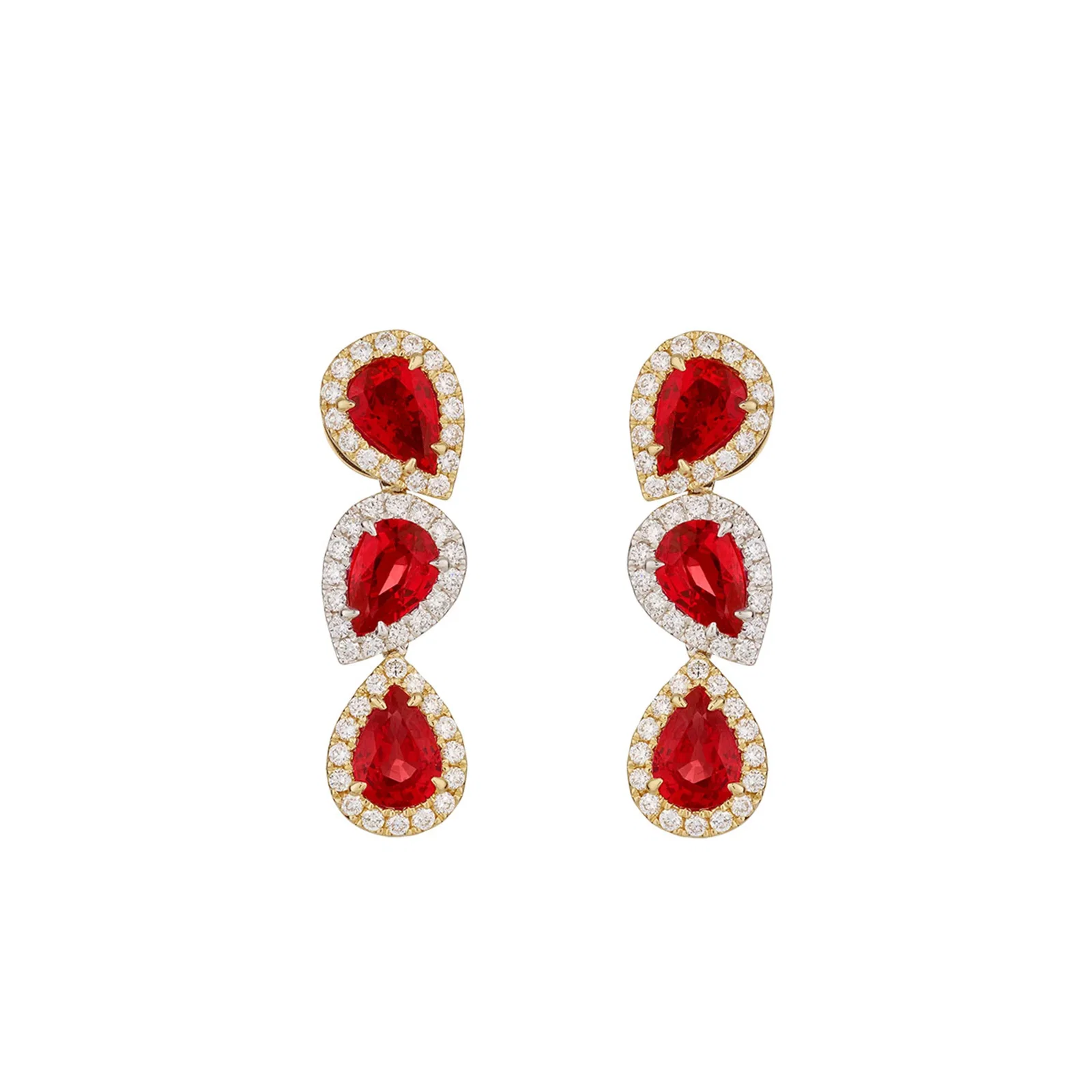 Image of Pear-Cut Ruby Drop Earrings in 18ct White and Yellow Gold with Diamonds