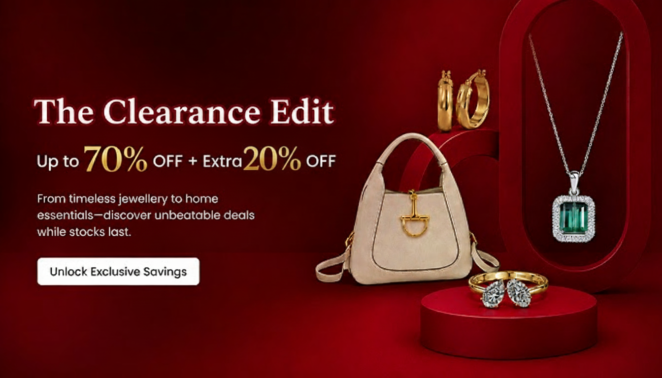 Clearance sale banner: Up to 70% off + extra 20% off jewelry and home essentials.