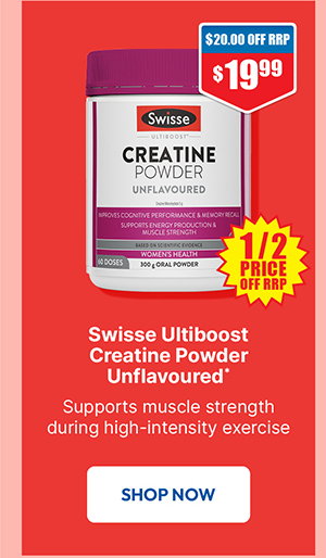 Swisse Ultiboost Creatine Powder Unflavoured 300g 1/2 price off RRP at Chemist Warehouse sale ends 19 August 2026