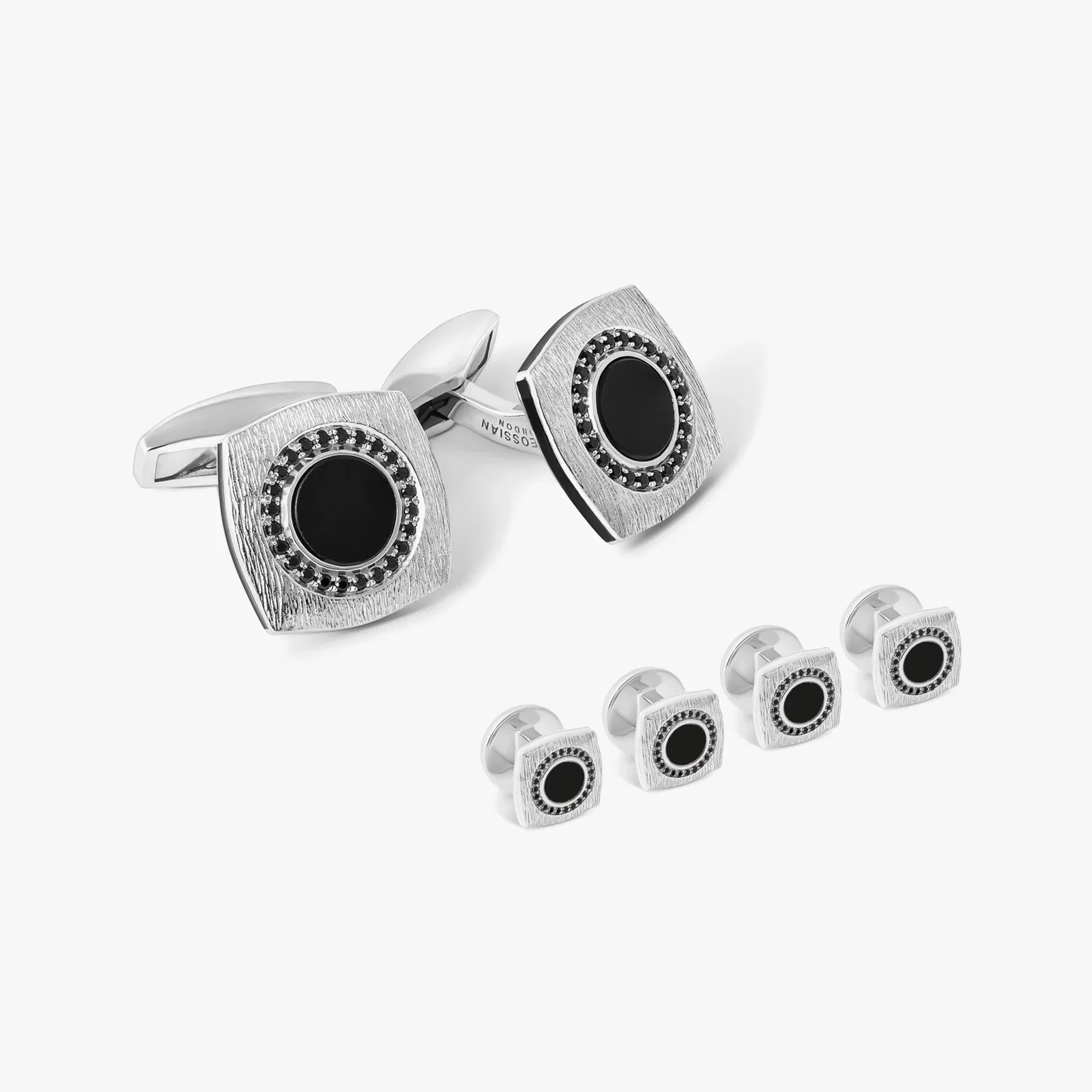 Image of Round Grafiatto Square Cufflinks & Shirt Studs In Sterling Silver With Onyx